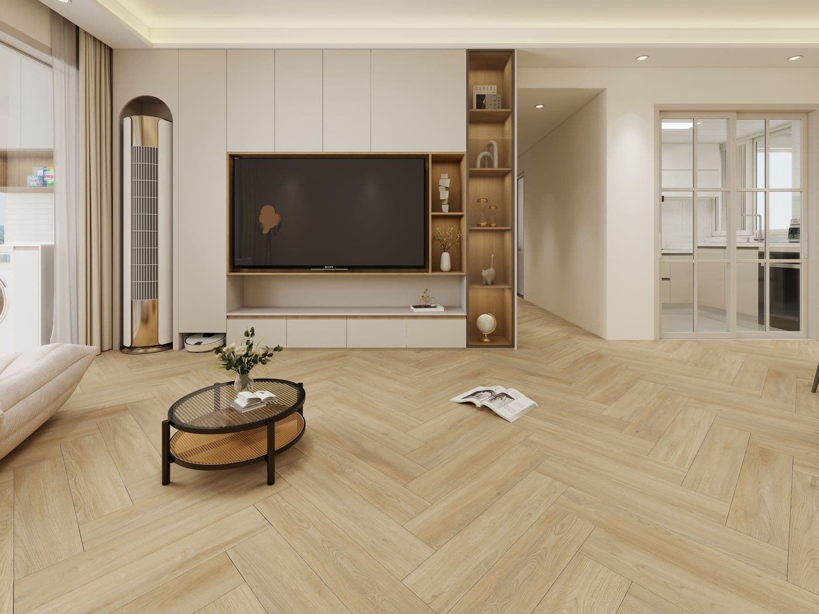 Herringbone LVT flooring installed in a living room