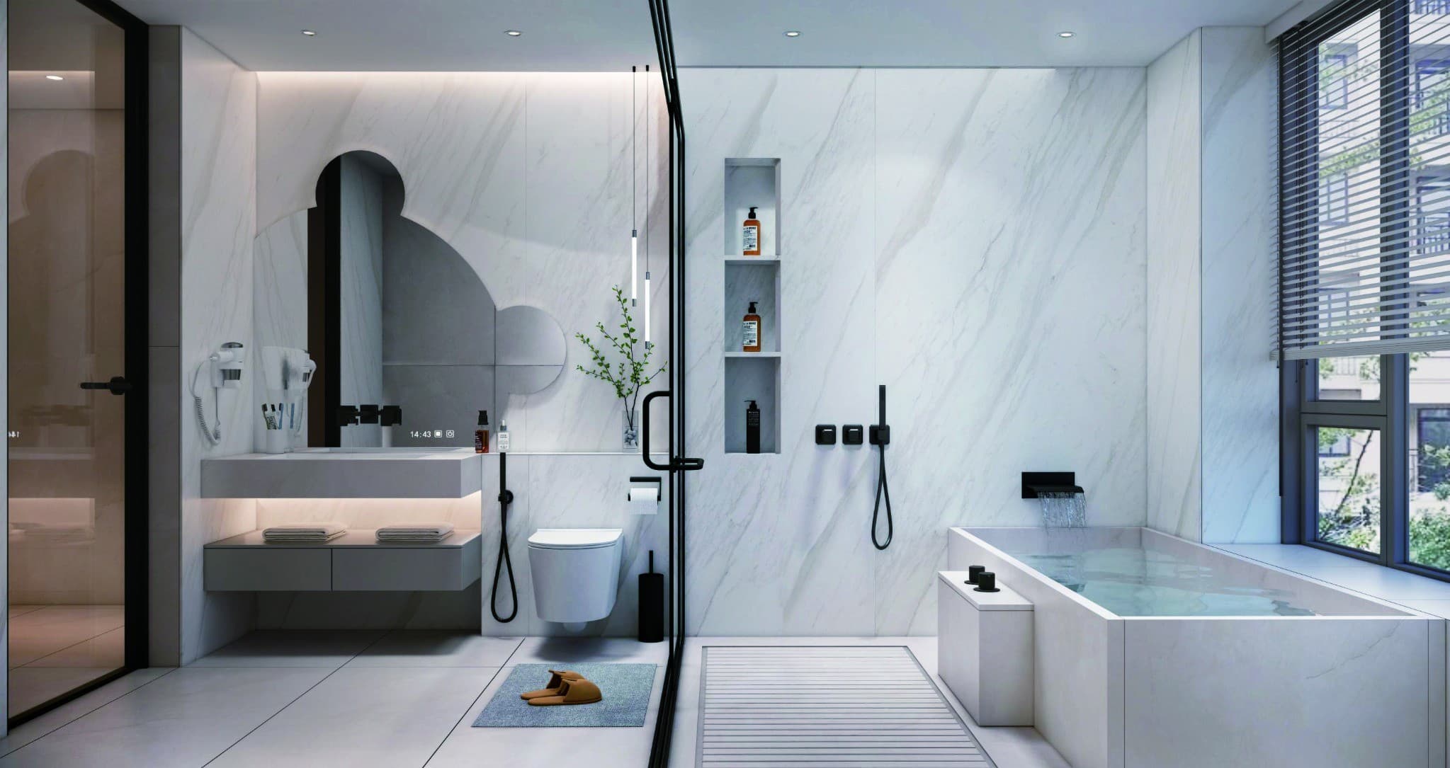 Calacatta White waterproof SPC wall panels installed in a bathroom